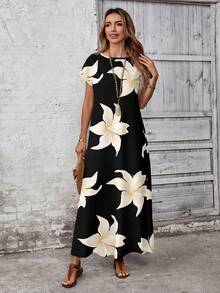 EMERY ROSE 休闲简约黑百合花卉图案女士连衣裙，适合春夏和秋冬 - 彩色 - 查看 4