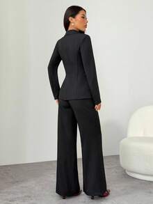 SHEIN PETITE 适合秋冬季通勤。黑色单扣黑色西装外套+西装裤西装套装办公室通勤套装女商务正装女套装女西装两件套女西装套装 - 黑色 - 查看 2