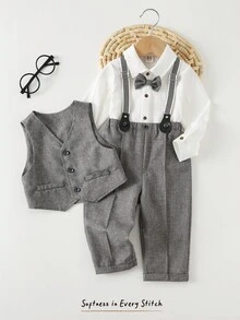 Cozy Pixies Bộ trang phục quý ông thu đông 3 món cho bé trai, bao gồm áo khoác vest xám, quần có quai rời có cạp chun và áo sơ mi dài tay màu trắng có nơ - Nhiều màu - Xem 4