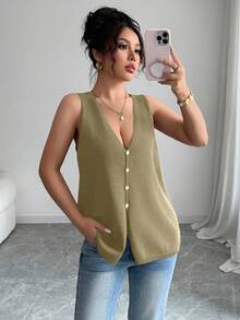 Rafferiza Women's Solid Color V-Neck Single-Breasted Casual Loose Knitted Vest - Green - View 7