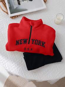 SHEIN Young Girl Cute Letter Printed Stand Collar Fluffy Top & Elastic Waist Long Pants Set Fall Winter - Red - View 4