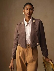 Vesra 纽扣装饰毛绒纹理面料不对称翻领长袖现代女式夹克 - 棕色 - 查看 5