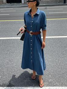 DAZY 女式夏季泡泡袖翻领收腰牛仔连衣裙 - 藍色 - 查看 7