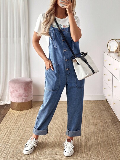 EMERY ROSE Women's Blue Summer Casual Button Half-Placket Denim Bib Pants,Loose Wide Leg Patchwork Pocket Baggy Jeans,Barrel-Leg Old Money Style Occasion Jeans
