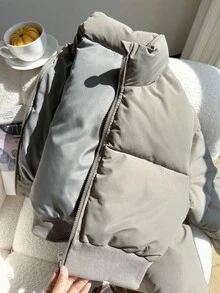 Teen Girls' Short Zip-Up High Collar Padded Coat, Casual Commuter Wear, Autumn/Winter Fall - Grey - View 4