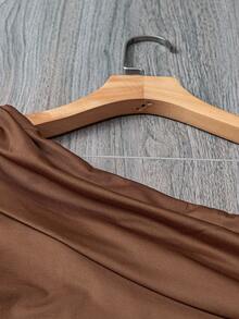 INAWLY Plus Size Solid Color Oblique Shoulder Top And Shorts 2 Pieces Set Fall Cloth For Women - Brown - View 6