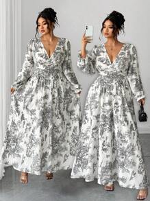 Elenzga Đầm Maxi dáng ôm dáng thanh lịch, duyên dáng, tối giản, cổ chữ V, tay dài, viền bèo, thắt lưng, dáng ôm, cỡ lớn, mùa xuân/thu dành cho nữ - Nhiều màu - Xem 3