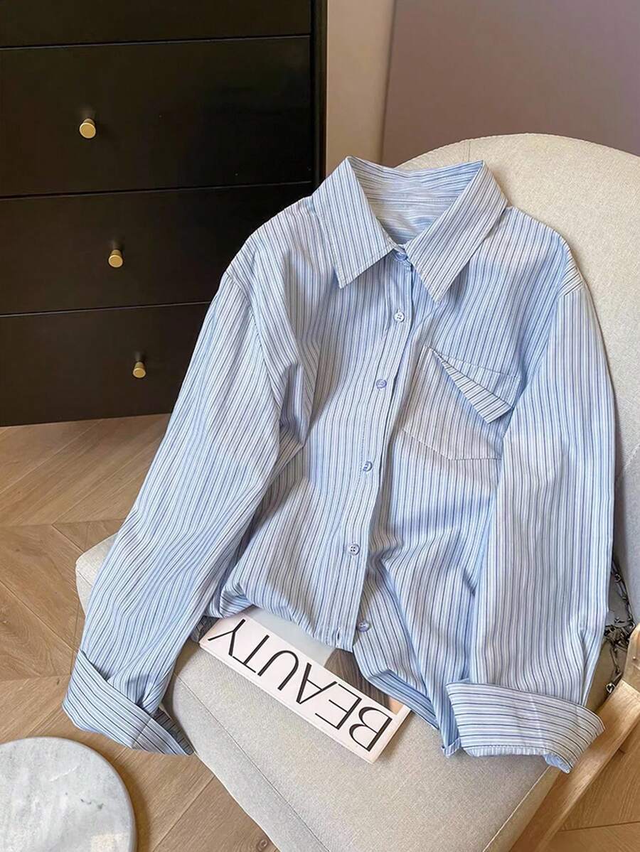 Franclia Áo sơ mi sọc xanh đơn giản phong cách Hàn Quốc dành cho nữ, áo dài tay cổ bẻ, thời trang xuân/hè 2025 mới - Màu xanh lam - Xem 1