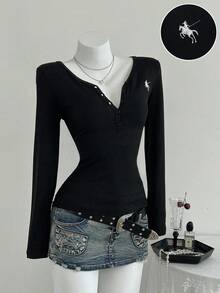 Elamini 1 件女式 V 领刺绣修身短款针织开衫，长袖休闲、日常、学校、百搭 T 恤 - 黑色 - 查看 1