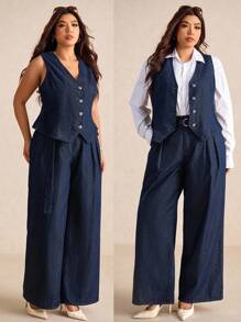 Elaquor Plus Size Dark Blue Denim Two-Piece Sleeveless Vest Plus High Waist Straight Pants Can Be Layered And Worn For An Elegant French Autumn Outfit