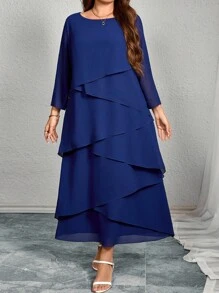 EMERY ROSE Elegant Multi-Layer Cake Design Long Dress For Plus Size Women - Dusty Blue - View 5