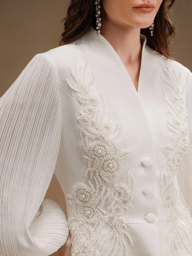 Women's White Beaded Floral Elegant Romantic Cinched Waist V-Neck Long Sleeve Jacket, Suitable For Autumn, Outings, Parties, Christmas, Work, And Other Occasions