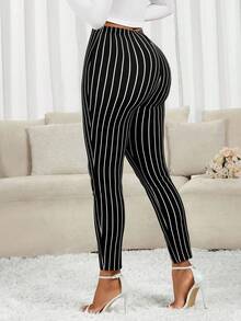 SHEIN Lady 女式纽扣腰设计松紧腰紧身休闲裤 - 彩色 - 查看 2