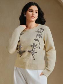 Anewsta Embroidered Knit Pullover Sweater,Sage Green,Autumn,Elegant,Wedding Guest,Chic Winter New Year Christmas Work Graduation Wedding Formal Party Sweater - Apricot - View 4