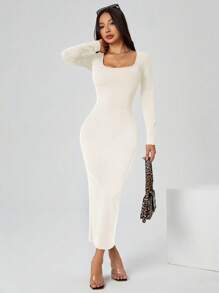 SHEIN PETITE 秋装纯色方领紧身黑色长袖连衣裙 - 白色 - 查看 6