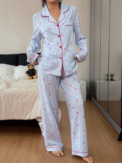 Multi Pajama Set, Blauw Button Up Long Sleeve Top Pocket Heart Print Gestreepte Pants Fall Clothes Cozy Elegante view 3