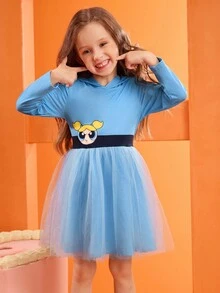 THE POWERPUFF GIRLS X SHEIN 可爱蓝色小女孩泡泡人物印花3D耳朵连帽连衣裙COS服装，适合秋冬季、万圣节、生日派对 - 藍色 - 查看 7