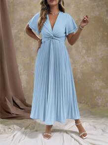 Roveilla 大码女式 V 领荷叶边荷叶边下摆短袖 A 字形连衣裙