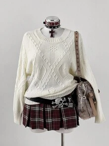 Sunspun Plus Size Solid Color Textured Chill Pullover Sweater, Autumn/Winter Fall Cloth For Women - White - View 5
