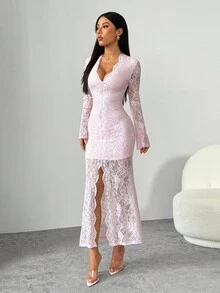 SHEIN PETITE 性感黑色深V領高開衩長喇叭袖緊身夜店洋裝，夏季女款茶會洋裝，適合嬌小女性 - 粉色 - 查看 3