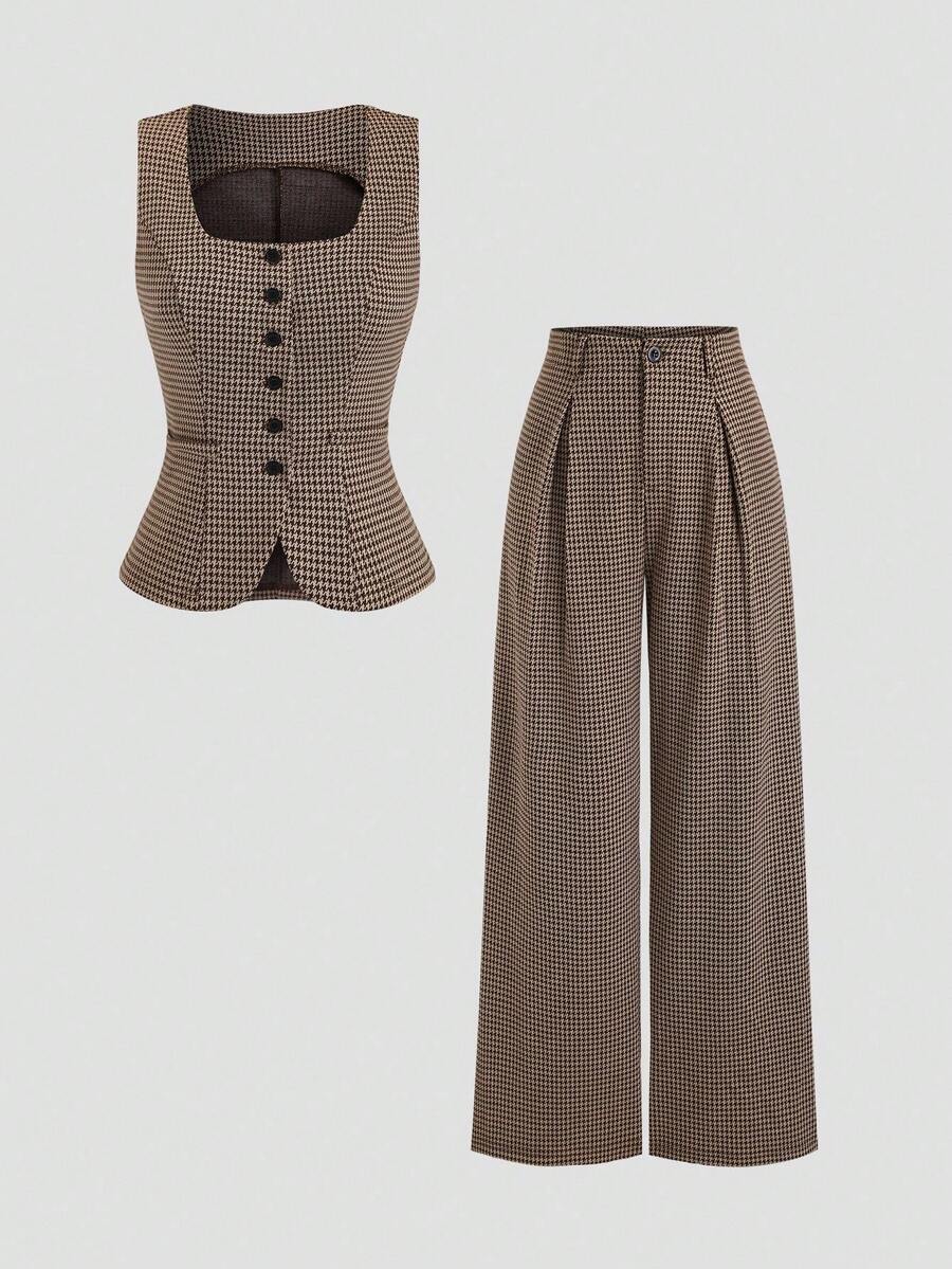 Sweetra 女士新款优雅复古休闲通勤简约高端针织两件套，背心无袖上衣和直筒阔腿裤套装 - 棕色 - 查看 1