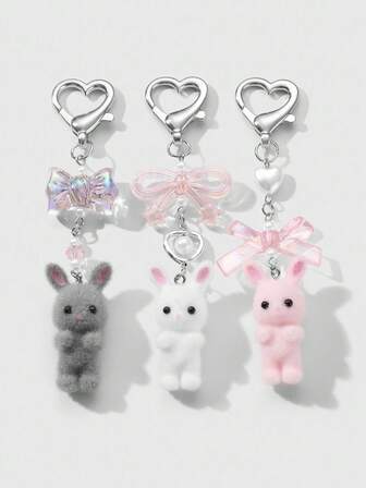 Kawaii 3pcs Ins Style Minimalist Chic Fashion Versatile College Resin Hollow Bowknot, Faux Pearl Heart White + Pink + Gray Faux Flocked Rabbit DIY Keychain Bag Charm Combo Set, Suitable For Women, Daily Wear, Holiday Gift