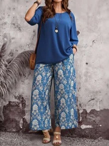 EMERY ROSE Große Größen Urlaubs-Lässig Einfarbiges Hemd & Weite Hose 2-teiliges Set - Blau - Übersicht 1