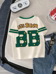 LOONEY TUNES X SHEIN 男童圆领短袖夏季舒适休闲卡通可爱运动学院条纹星星字母图案T恤 - 白色 - 查看 2