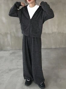 FRIFUL Bộ đồ thường ngày cho nữ, áo hoodie và quần dài tay dài có dây rút phía trước, màu trơn, hở vai - màu đen - Xem 2