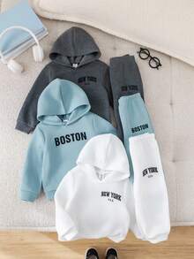 SHEIN 6件套婴儿男女童可爱休闲运动字母印花长袖连帽卫衣和慢跑裤套装，男女通用婴儿服装，婴儿冬季服装 - 彩色 - 查看 4