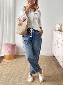 EMERY ROSE Mature Denim 女式休闲水洗抽绳腰牛仔裤 - 藍色 - 查看 5