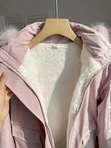 SHEIN 青少年女孩休闲百搭仿皮草连帽羊毛夹克 - 彩色 - 查看 7