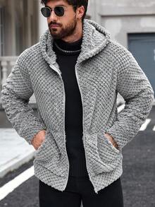 Manfinity CasualCool Men's Solid Color Long Sleeve Zip-Up Fleece Hooded Jacket, Autumn/Winter Men Sherpa Jacket Grey Zip Up Hoodie Men Men Fuzzy Jacket Teddy Bear Jacket Men - Dark Grey - View 5