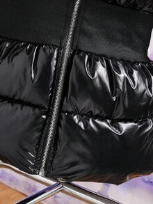 SHEIN Girls' Oversized Stand Collar Ribbed Waist Padded Coat, Suitable For Daily Commute And Gatherings, Winter - Black - View 7