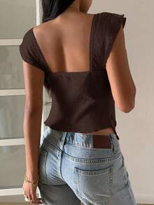 SHEIN EZwear 女士纹理针织荷叶边下摆甜心领泡泡袖优雅T恤，狂欢风荷叶边上衣棕色上衣女士巧克力棕色上衣 - 棕色 - 查看 5