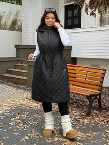 SHEIN EZwear 加大码可调节腰部抽绳宽松长款夹克，加厚，适合秋冬 - 黑色 - 查看 5