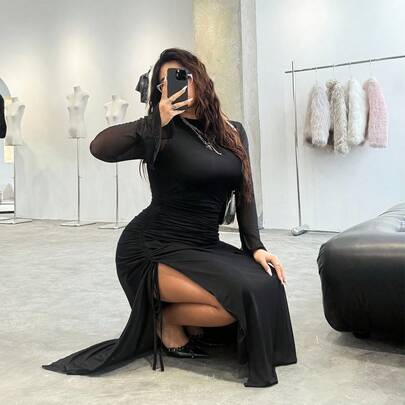 플러스플러스 사이즈 패션 사이드 슬릿 메쉬 패널 미디 드레스