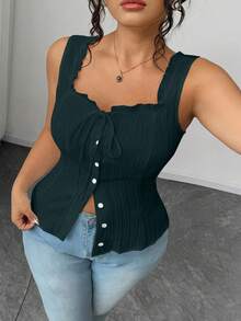 SHEIN Clasi Top casual de culoare solidă cu nasturi în față, mărime plus, topuri de vară pentru femei, topuri cu corset pentru femei, topuri de vară, topuri curbate, topuri la modă - Verde - Vizualizare 3
