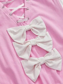 ROMWE J-Fashion Đầm dài ngang vai phối ren thêu họa tiết nơ thanh lịch dành cho nữ - Hồng - Xem 4