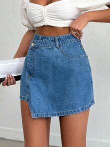 SHEIN PETITE Rigid, Back Label Detailed Skort - Medium Wash - View 6