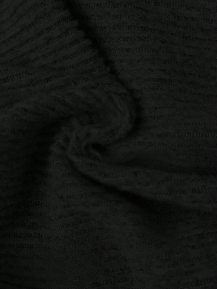 FavEase Beige Fleece Ribbeltextuur Zip Up Cropped Hoodie En Retro Flared Leg Broek All-Match Casual Sport Set Voor Vrouwen, Minimalistische Essentiële Garderobe, Lente & Herfst - Zwart - Bekijken 8