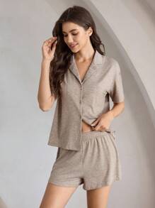 Ocili Leisure 1 Bộ đồ ngủ nữ cổ mềm tay ngắn và quần short, họa tiết hoa màu xám cho mùa lễ hội - Màu Khaki - Xem 7