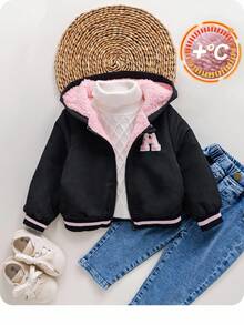 SHEIN Baby Girls Cute Versatile Black Thermal Lined Hoodie Jacket, Autumn/Winter Fall - Black - View 1