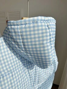 女童保暖连帽格子宽松棉服外套，适合寒冷的冬天 - 藍色 - 查看 7