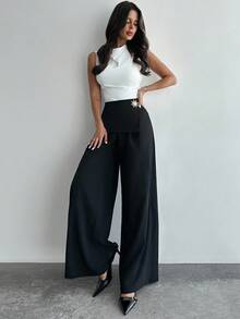 Firerie Pantalones envolventes negros sencillos y elegantes para mujer, de uso casual y para la oficina, de pierna ancha y suelta, adecuados para verano y otoño, con decoración de hebilla metálica en la cintura, para aeropuerto, vacaciones, profesora