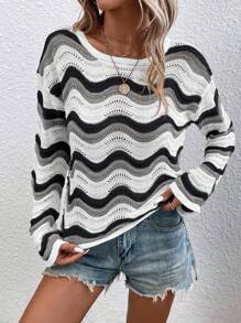 SHEIN LUNE Minimalist Loose Striped Color Block Crew Neck Sweater, Suitable For Autumn/Winter Fall Cloth For Women - Multicolor - View 4
