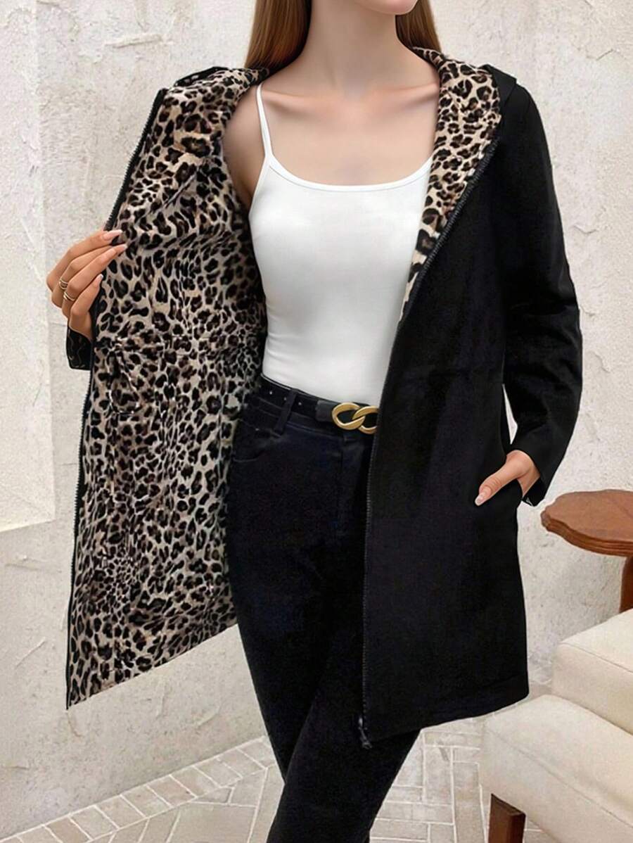 Teen Girl Reversible Leopard Print Hooded Casual Jacket Fall Winter - Black - View 1