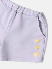 SUMWON Ensemble coordonné fille bébé avec amour de soi, t-shirt à manches courtes et Sweat-shirt oversize avec short assorti, imprimé cœurs, tenue d'été et de printemps - Prune - Voir 7