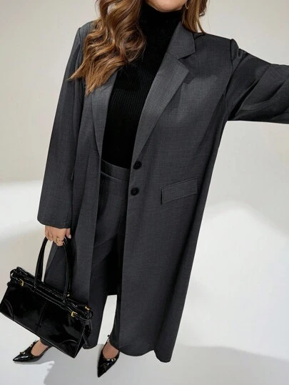 Auralis Plus Size Women's Spring And Fashion Casual Loose Comfortable Daily Versatile Slim Long Suit Jacket And Wide-Leg Pants Gray Suit Set,Old Money Style,Business Casual Woman,Office Outfits For Women,Work Wear Outfits Clothes For Women