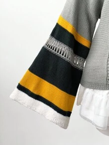 Sunspun Áo len chui đầu kẻ sọc màu tương phản cỡ lớn cho nữ, thiết kế mới cho mùa thu/đông - Xám - Xem 6